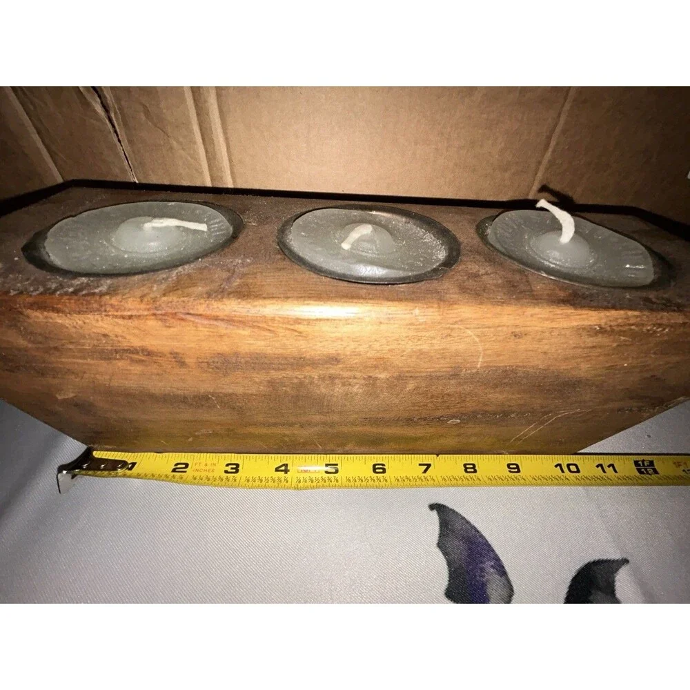 Three (3) Hole Wooden Sugar Mold Wood Candle Holder Primitive Look w/3 Candles